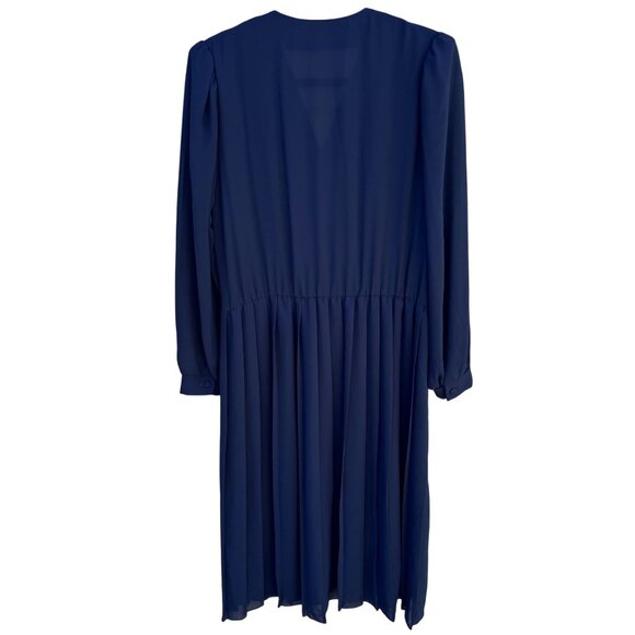 Vintage Womens Navy Blue Long-Sleeve Pleated V-Neck Flowy Semi Sheer Midi Dress - Picture 4 of 9